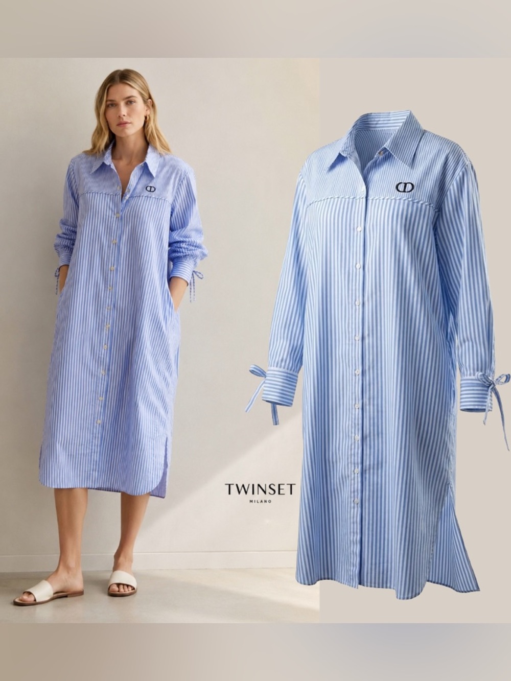 TwinSet Blue Striped Midi Cotton Shirt Dress Long Sleeves Bow Collared Button 50